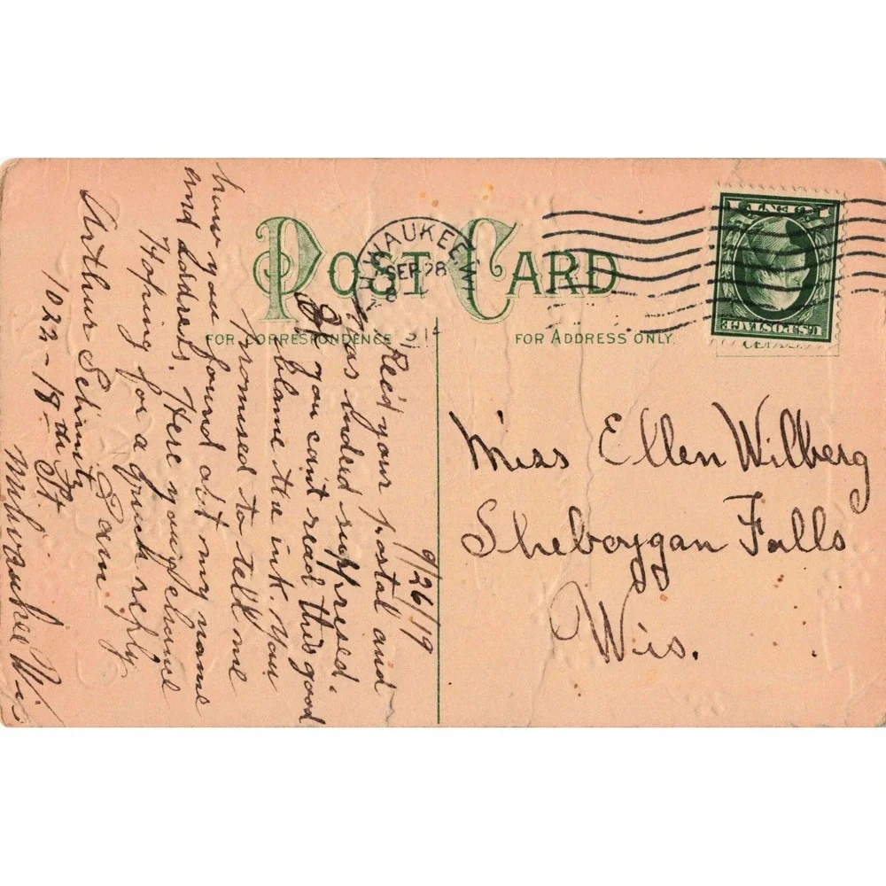 Vtg 1919 Embossed Postcard Well of Friendship Blue Flowers Milwaukee WI Posted